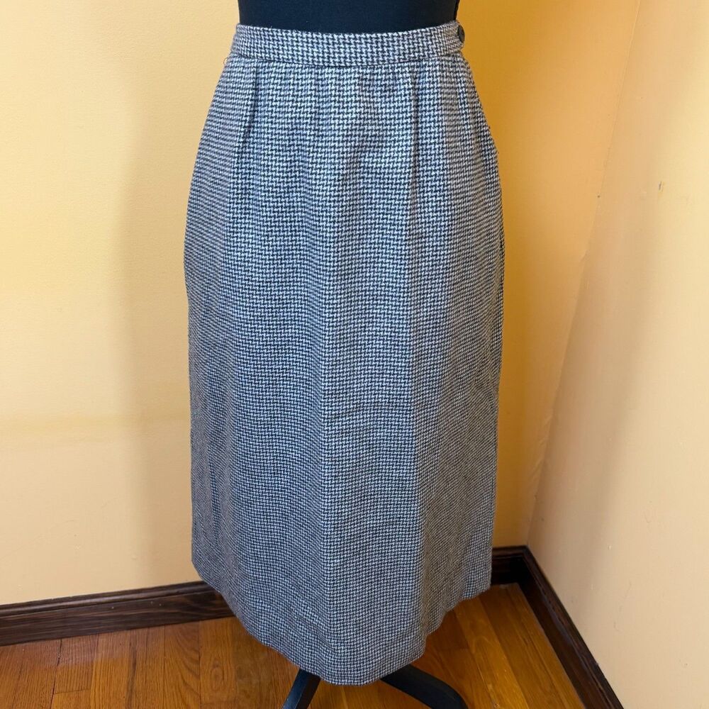 VTG 80s Newsport Wool Silk Blend Houndstooth Midi Pencil Skirt Pockets Retro